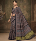 Ajrakh handblock print modal silk saree in black with lagdipatta - Maatruu
