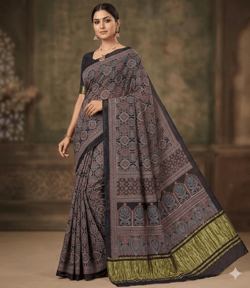 Ajrakh handblock print modal silk saree in black with lagdipatta - Maatruu