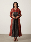 Cotton Ajrakh A line kurti with handblock print and mirror work - Maatruu