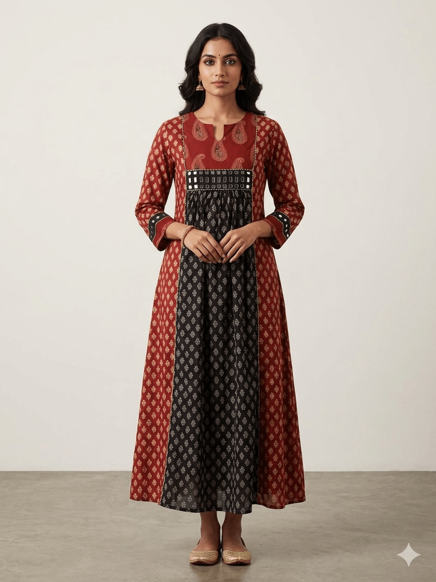 Cotton Ajrakh A line kurti with handblock print and mirror work - Maatruu