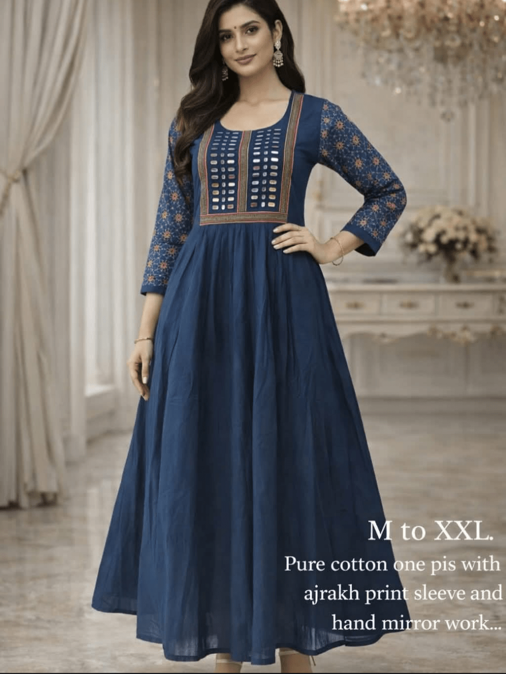 Anarkali style mirror work cotton kurti detail - Maatruu