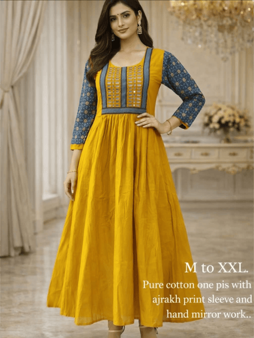 Cotton Anarkali kurti with real mirror work - Maatruu