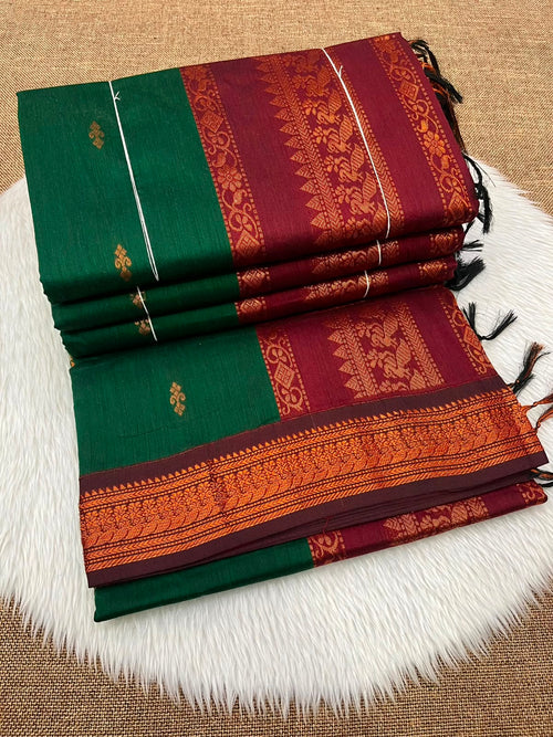 Cotton Gadwal kalyani Saree in green with marron - Maatruu