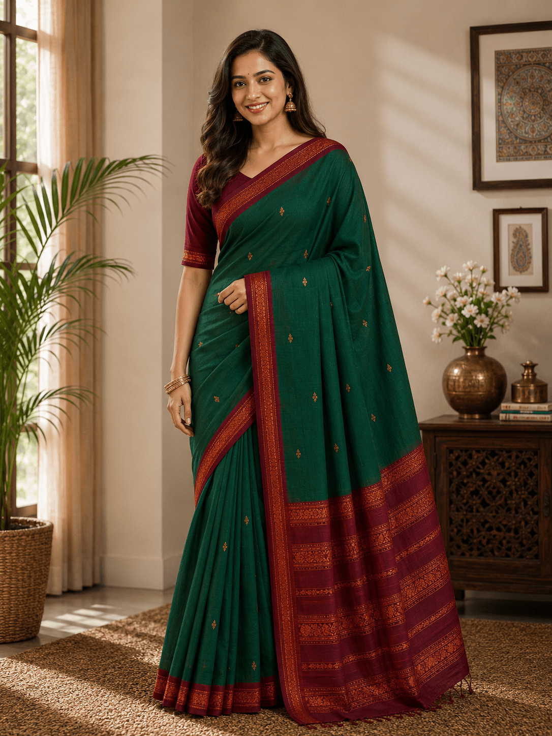 Cotton Gadwal kalyani Saree in green with marron - Maatruu