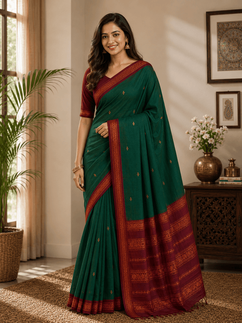 Cotton Gadwal kalyani Saree in green with marron - Maatruu
