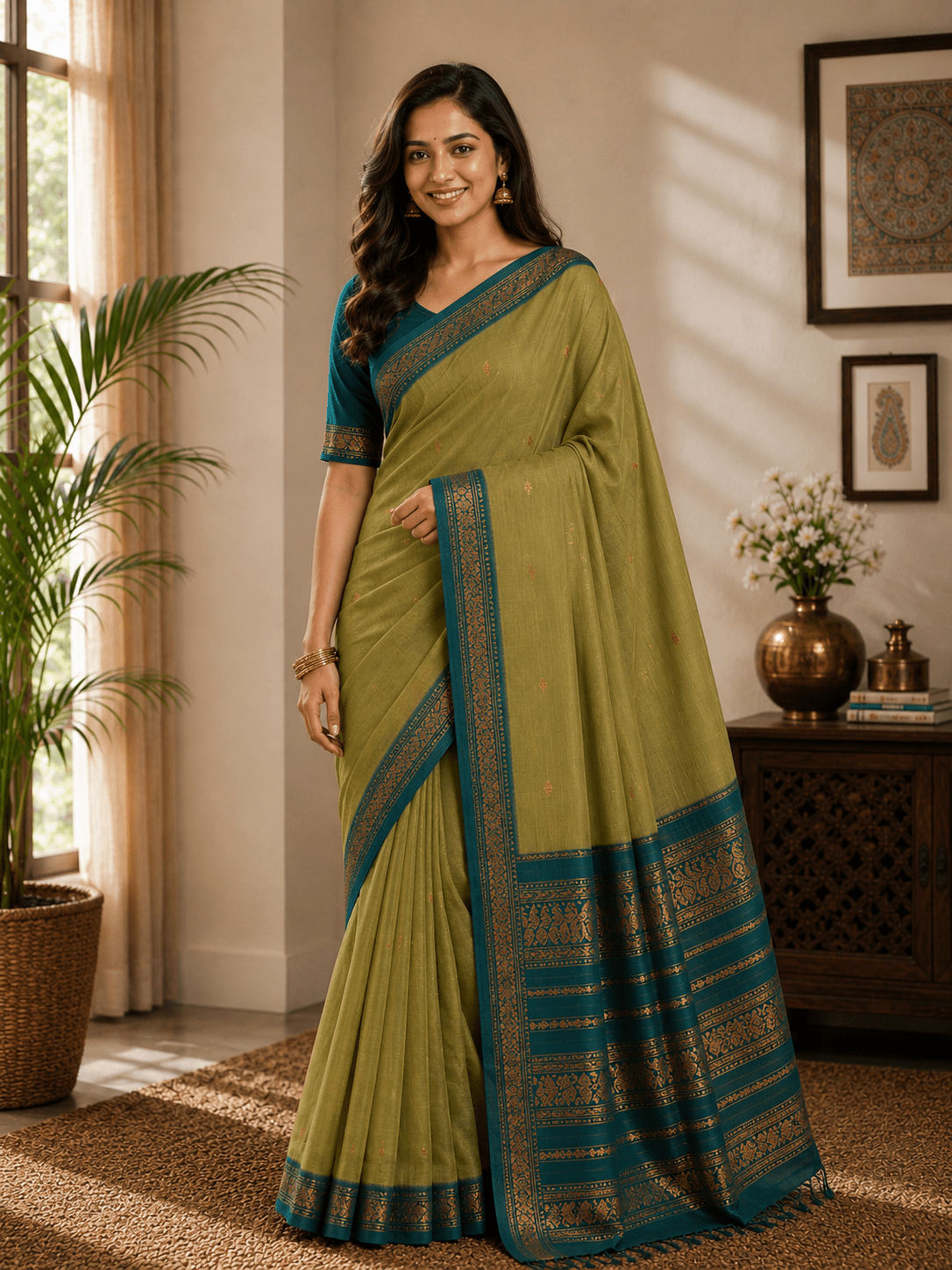 Cotton Gadwal Kalyani Saree in ivory and teal blue - Maatruu