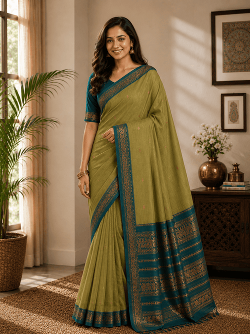 Cotton Gadwal Kalyani Saree in ivory and teal blue - Maatruu
