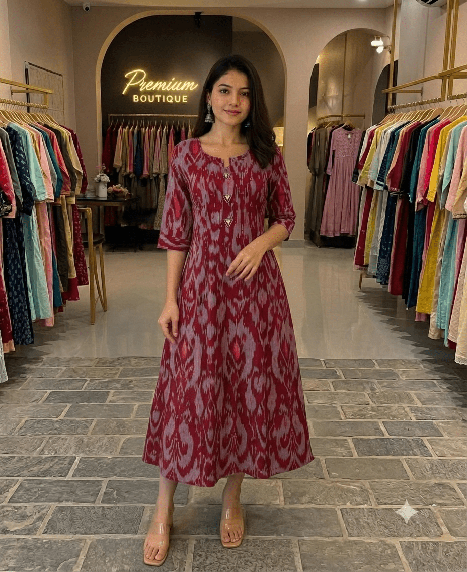 Cotton Ikkat Patola Print One-Piece Dress - Maatruu
