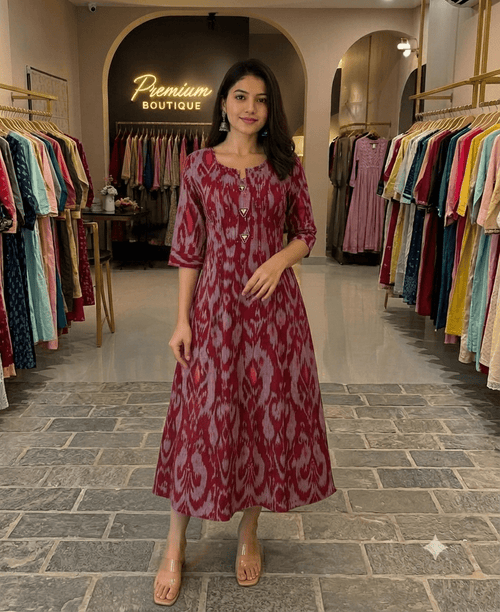 Cotton Ikkat Patola Print One-Piece Dress - Maatruu