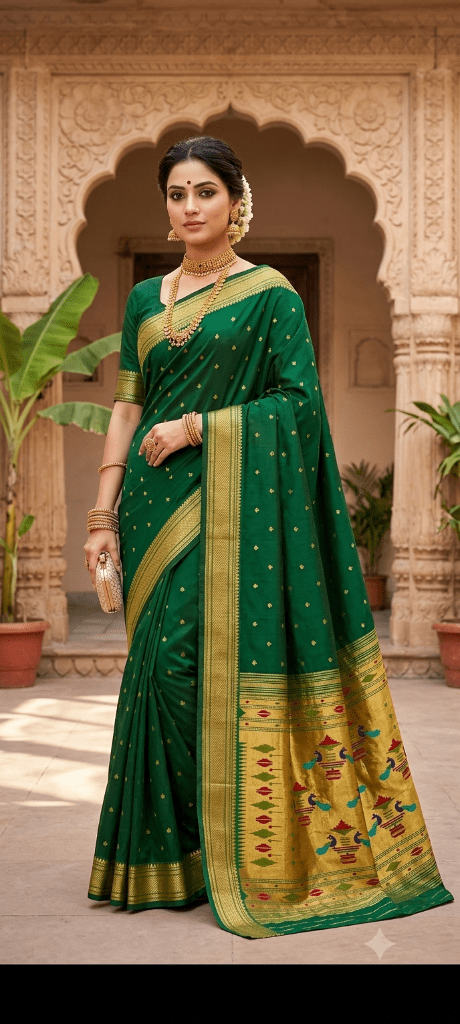 Double Pallu Soft silk Paithani saree in green - Maatruu