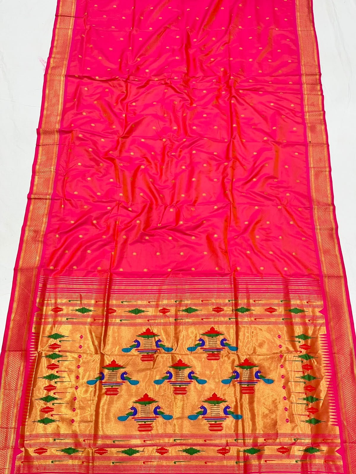 Double Pallu Soft silk Paithani saree in Redish pink - Maatruu