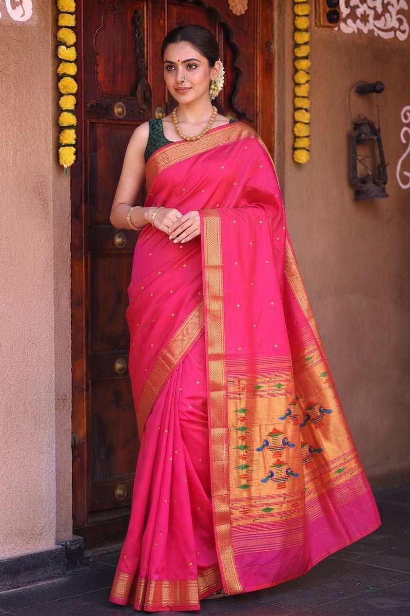 Double Pallu Soft silk Paithani saree in Redish pink - Maatruu