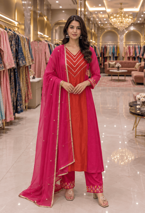 Dual-Tone Mul Chanderi Dress Set - Maatruu