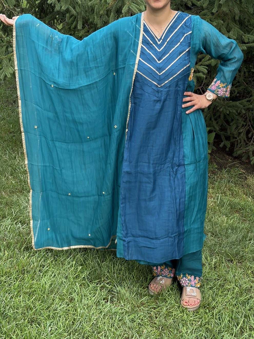 Dual-Tone Mul Chanderi Dress Set - Maatruu