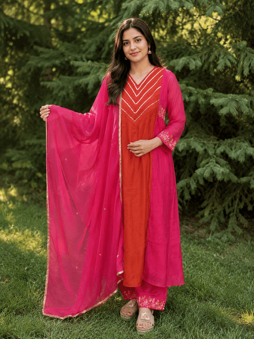 Dual-Tone Mul Chanderi Dress Set - Maatruu