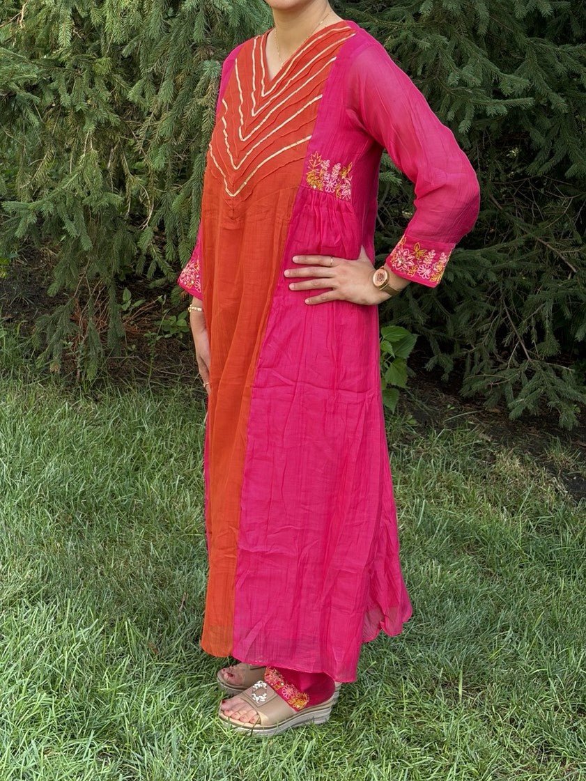 Dual-Tone Mul Chanderi Dress Set - Maatruu