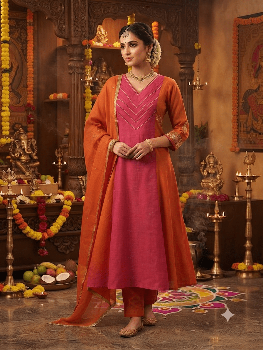 Dual-Tone Mul Chanderi Dress Set - Maatruu
