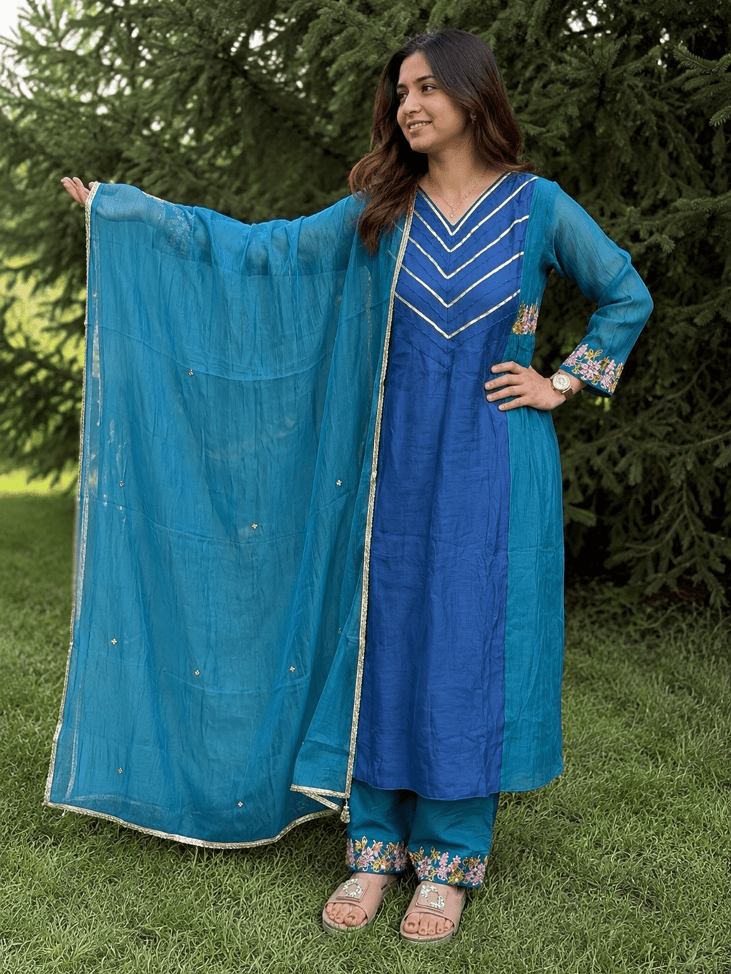 Dual-Tone Mul Chanderi Dress Set - Maatruu