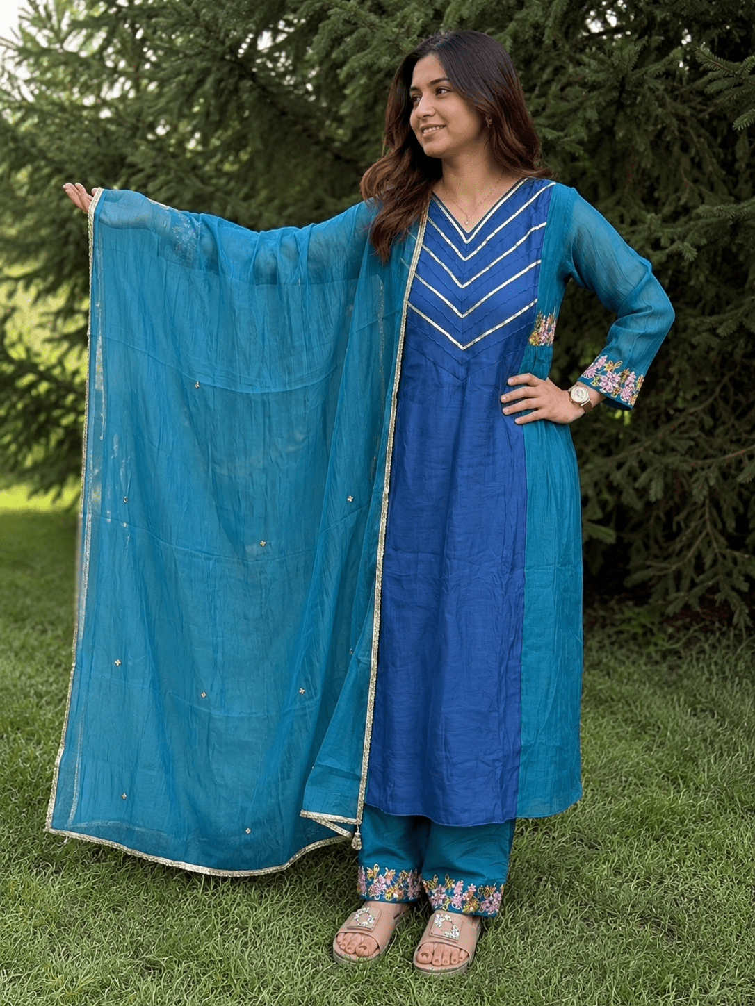 Dual-Tone Mul Chanderi Dress Set - Maatruu