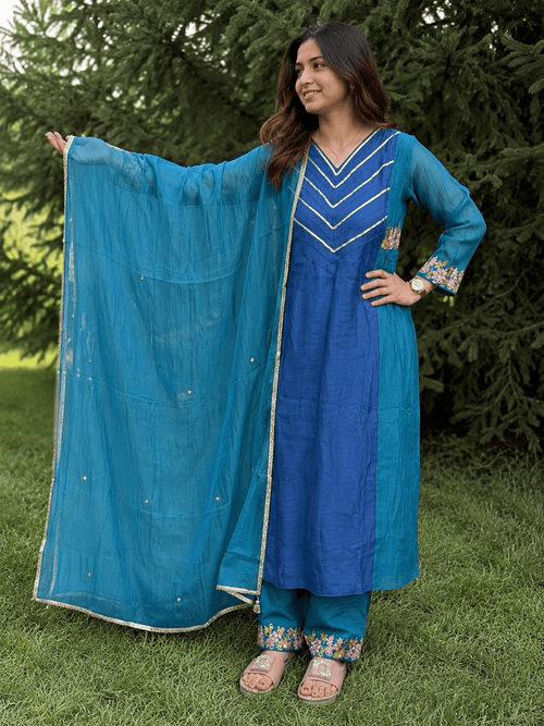 Dual-Tone Mul Chanderi Dress Set - Maatruu