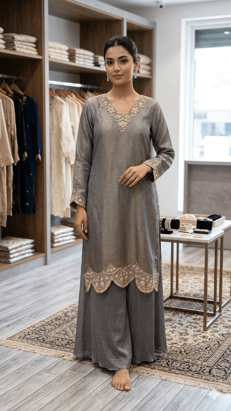 Grey Jacquard Plazzo Set - Maatruu