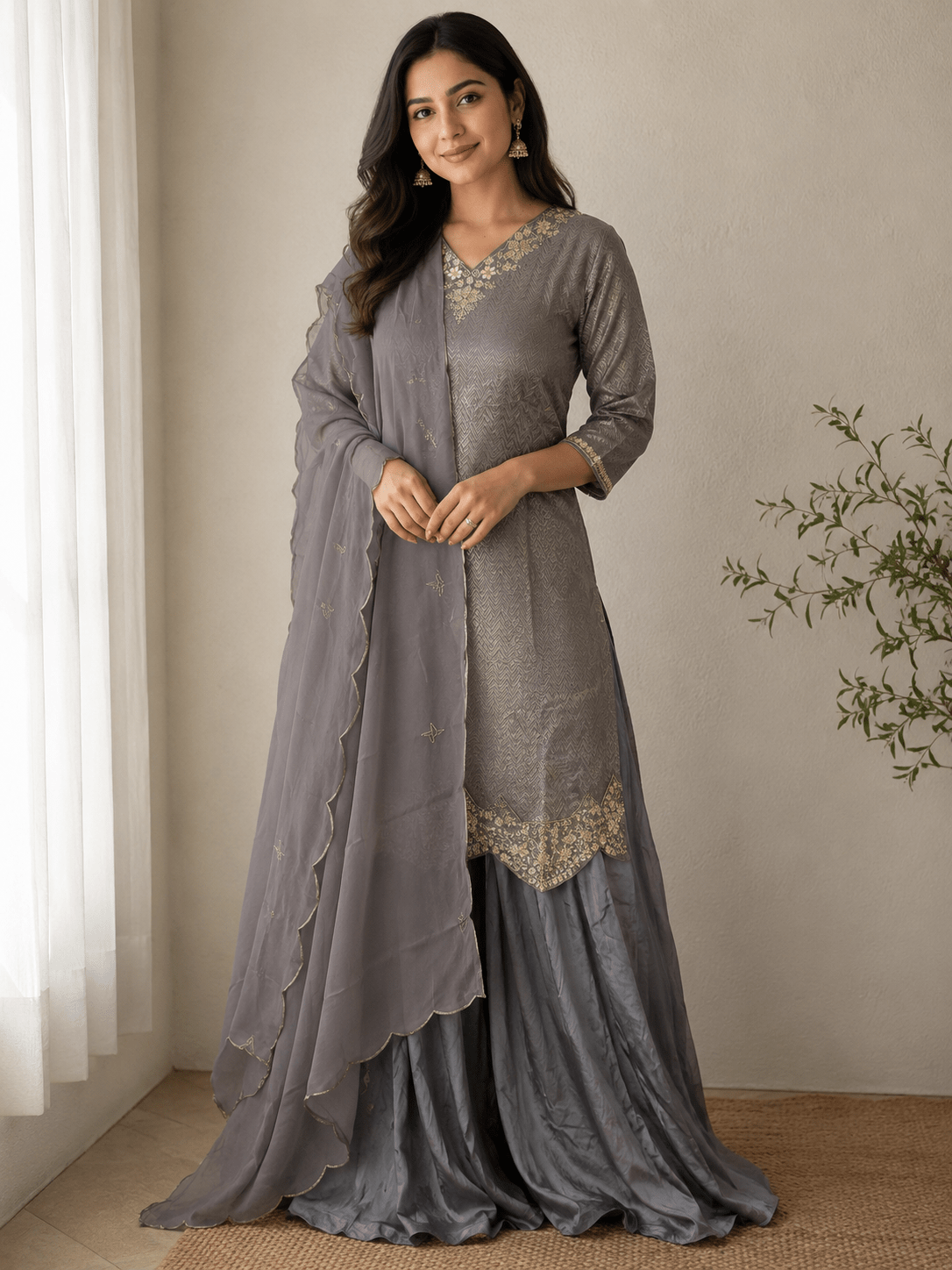 Grey Jacquard Plazzo Set - Maatruu