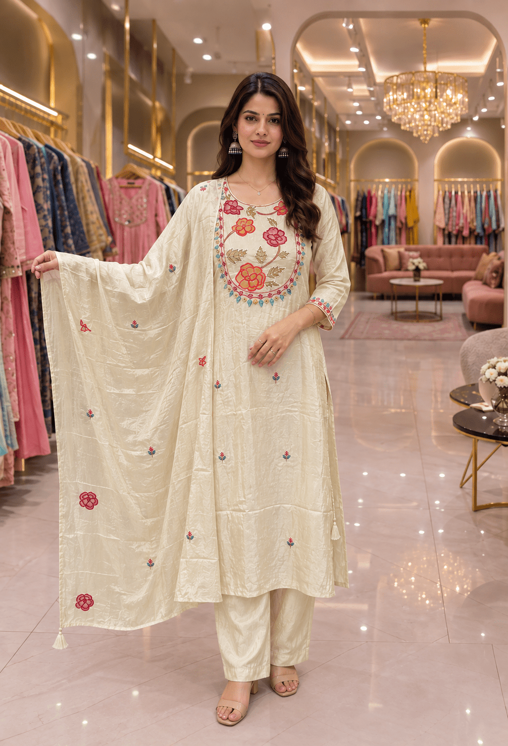 Ivory Handwork Applique A-Line 3-Piece Set - Maatruu