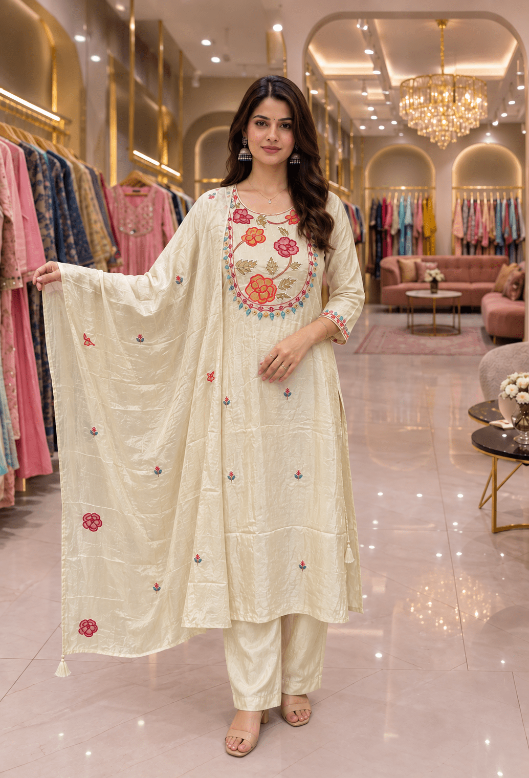 Ivory Handwork Applique A-Line 3-Piece Set - Maatruu