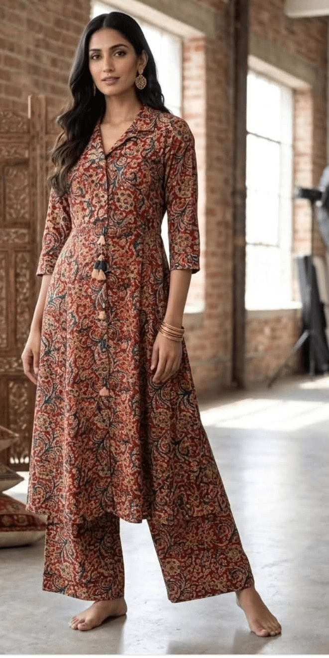 Kalamkari blockprint cotton coord set with palazzo - Maatruu