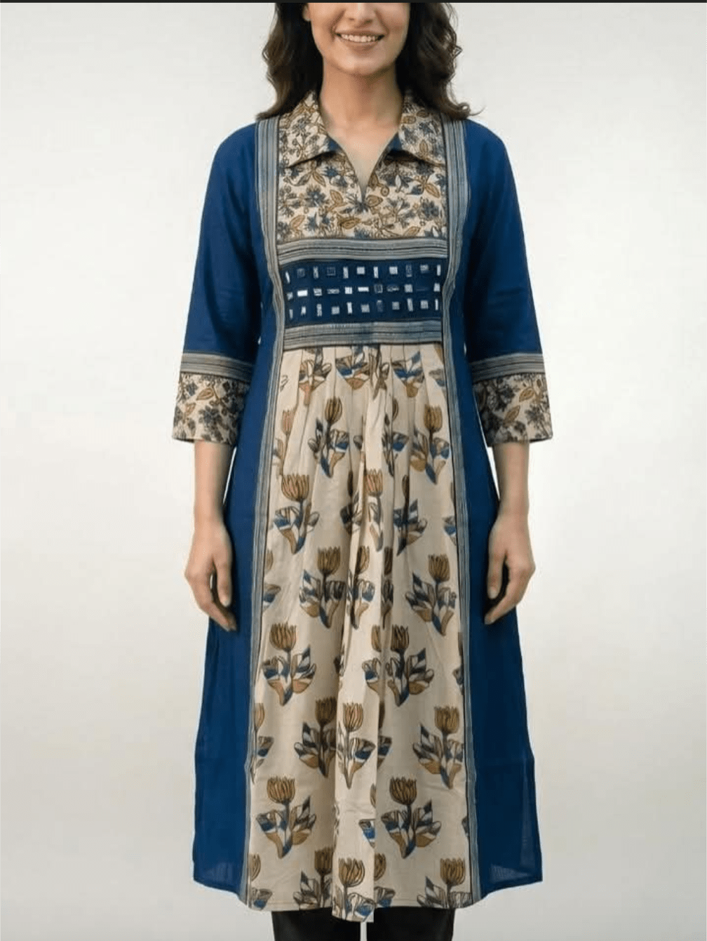 Kalamkari print cotton kurti with collar and mirror work - Maatruu