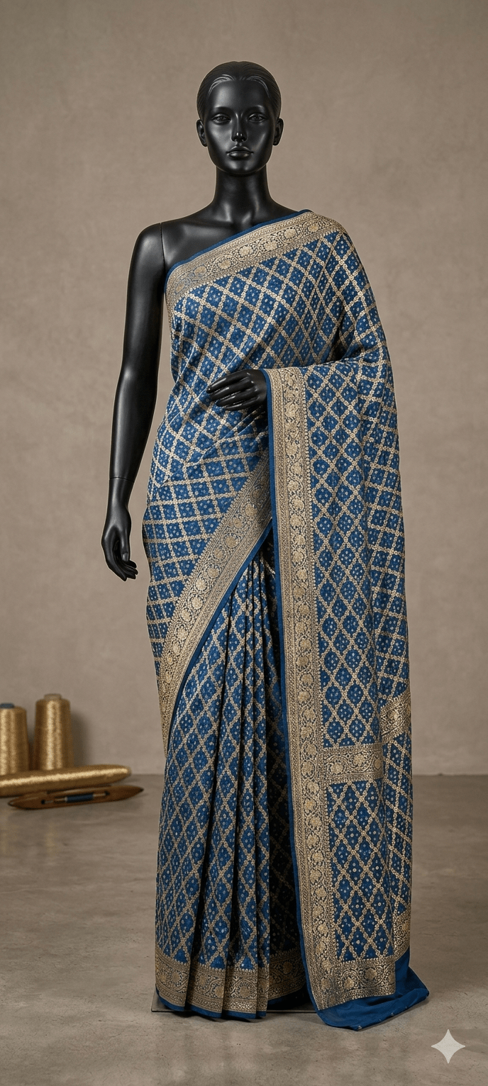 Khaddi Georgette bandhej saree in blue with zari border - Maatruu