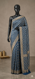 Khaddi Georgette bandhej saree in blue with zari border - Maatruu