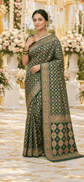 Khaddi Georgette Bandhni Meenakari saree Green Design 1 - Maatruu