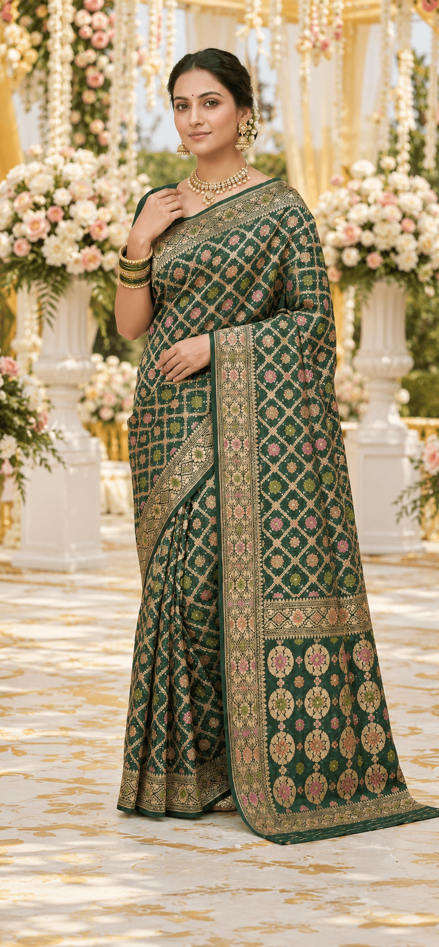Khaddi Georgette Bandhni Meenakari saree Green Design 1 - Maatruu