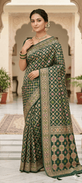 Khaddi Georgette Meenakari bandhej saree in green design 1 - Maatruu