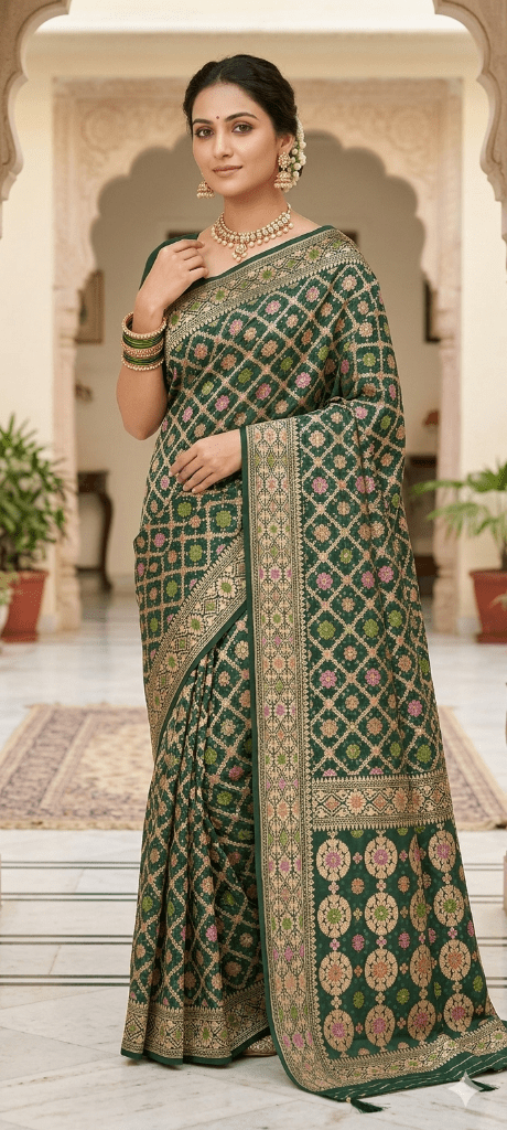 Khaddi Georgette Meenakari bandhej saree in green design 1 - Maatruu