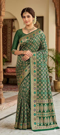 Khaddi Georgette Meenakari bandhej saree in green design 2 - Maatruu