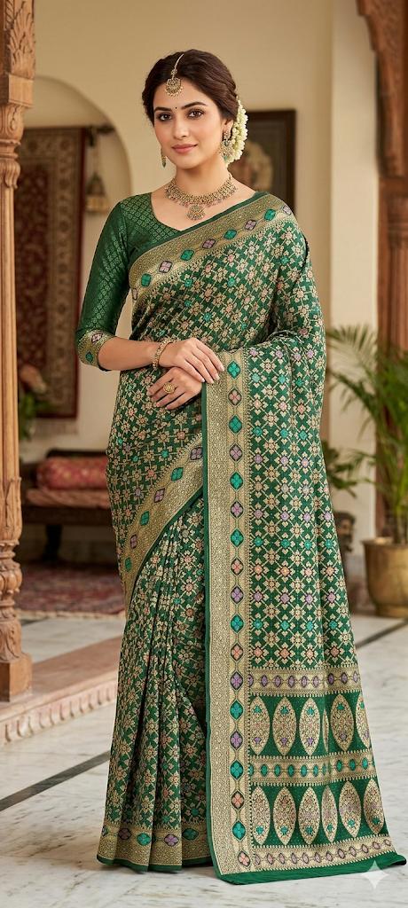 Khaddi Georgette Meenakari bandhej saree in green design 2 - Maatruu