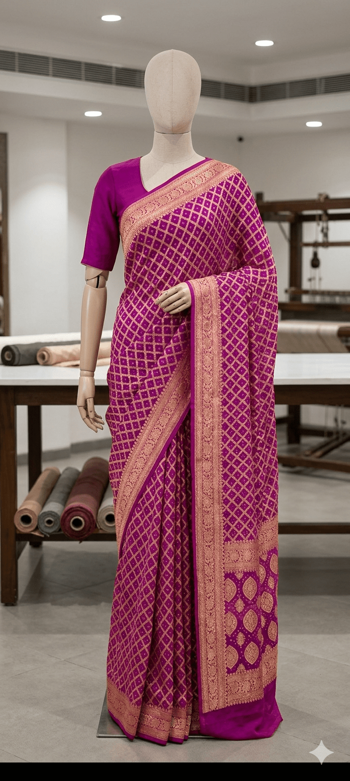 Khaddi Georgette bandhani saree in pink with zari work - Maatruu