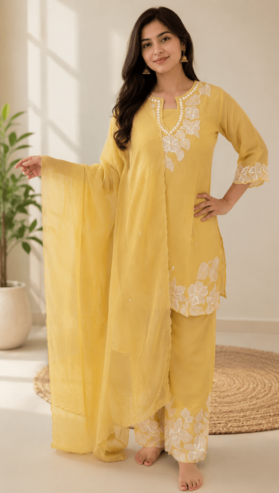 Lemon Yellow Handwork Plazzo Set - Maatruu