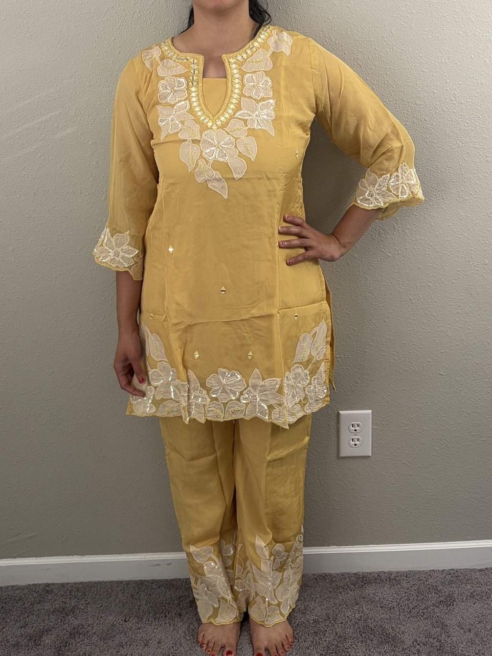 Lemon Yellow Handwork Plazzo Set - Maatruu