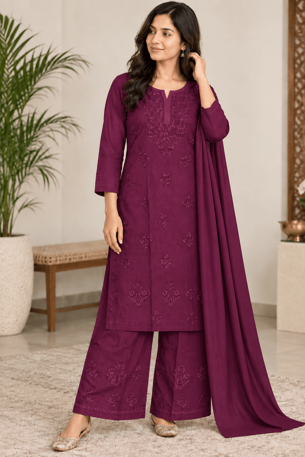 lucknowi chikanakri handworked rayon plazzo duptta set - Maatruu