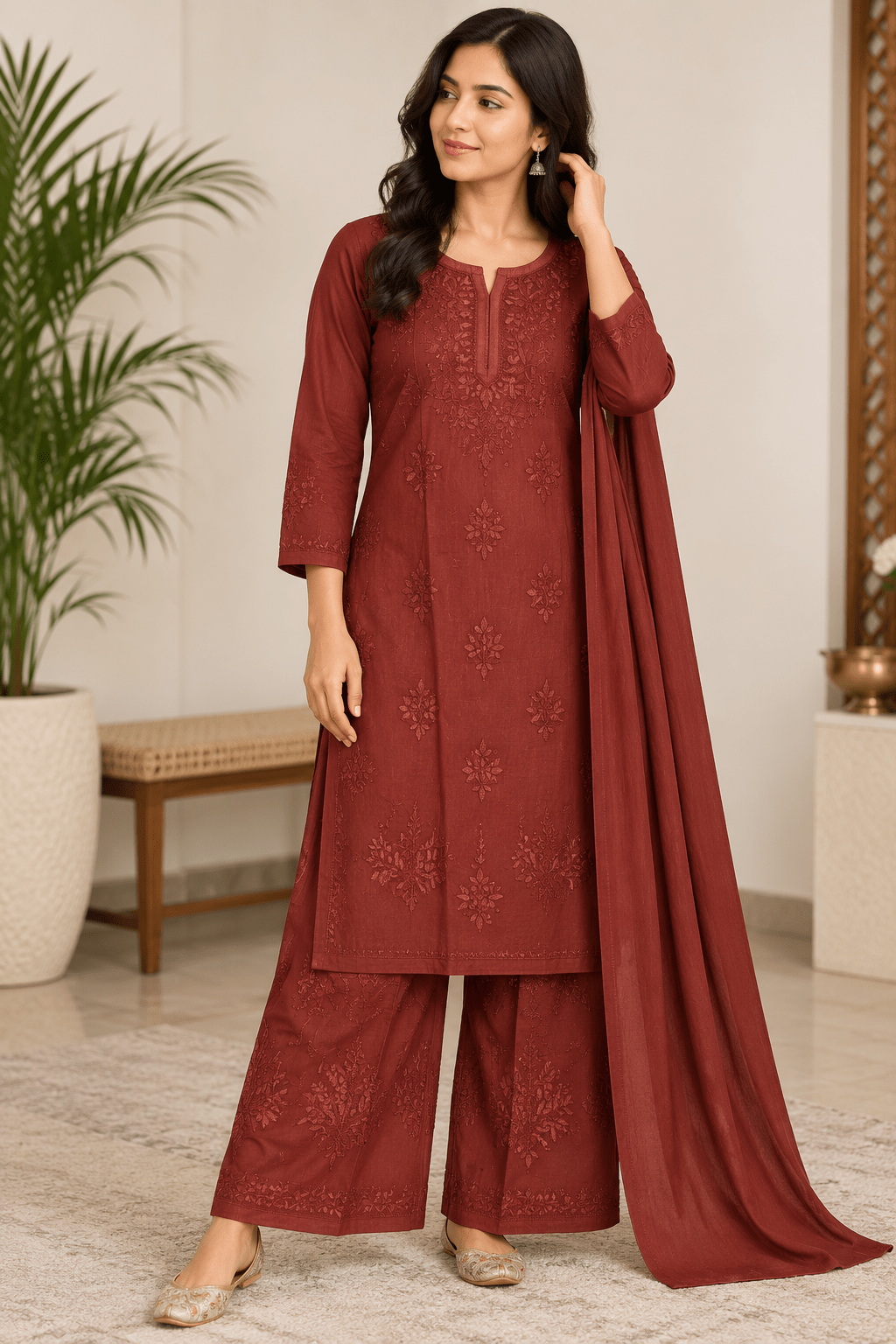 lucknowi chikanakri handworked rayon plazzo duptta set - Maatruu