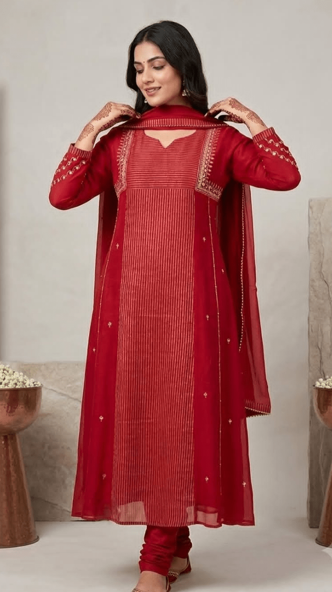 Luxury Mul Chanderi in maroon and green - Maatruu