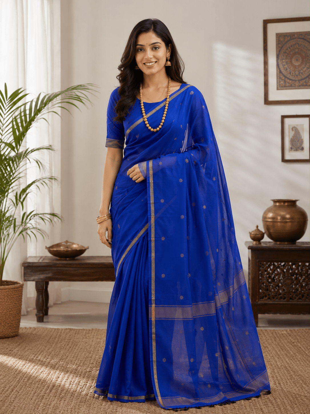 Maheshwari Cotton Saree in Blue - Maatruu