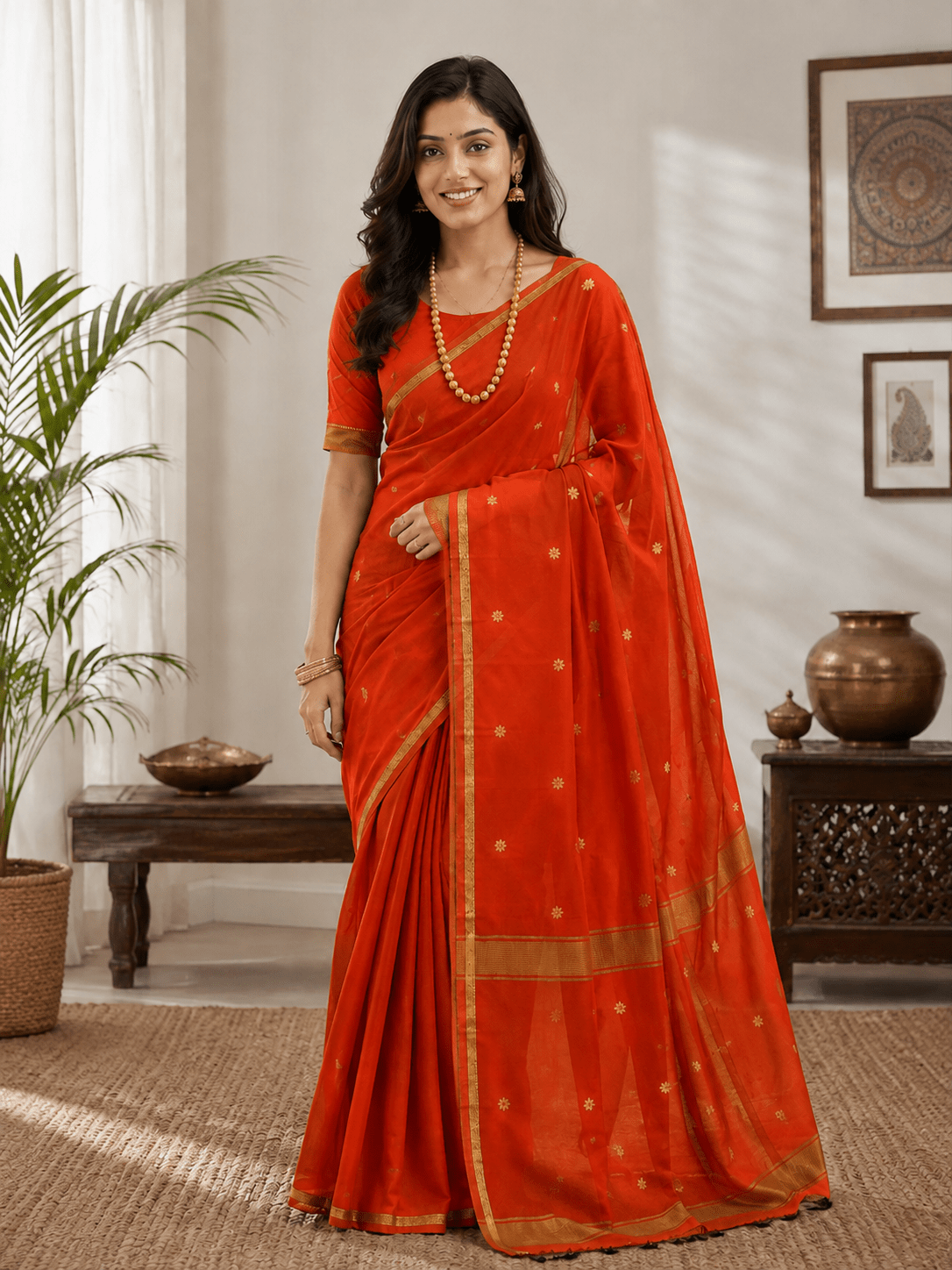 Maheshwari Cotton Saree in Rust Orange - Maatruu