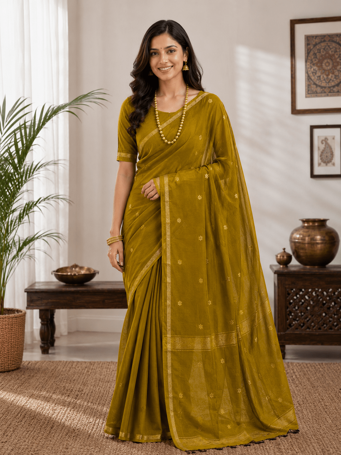 Maheshwari Cotton Saree mustard olive - Maatruu
