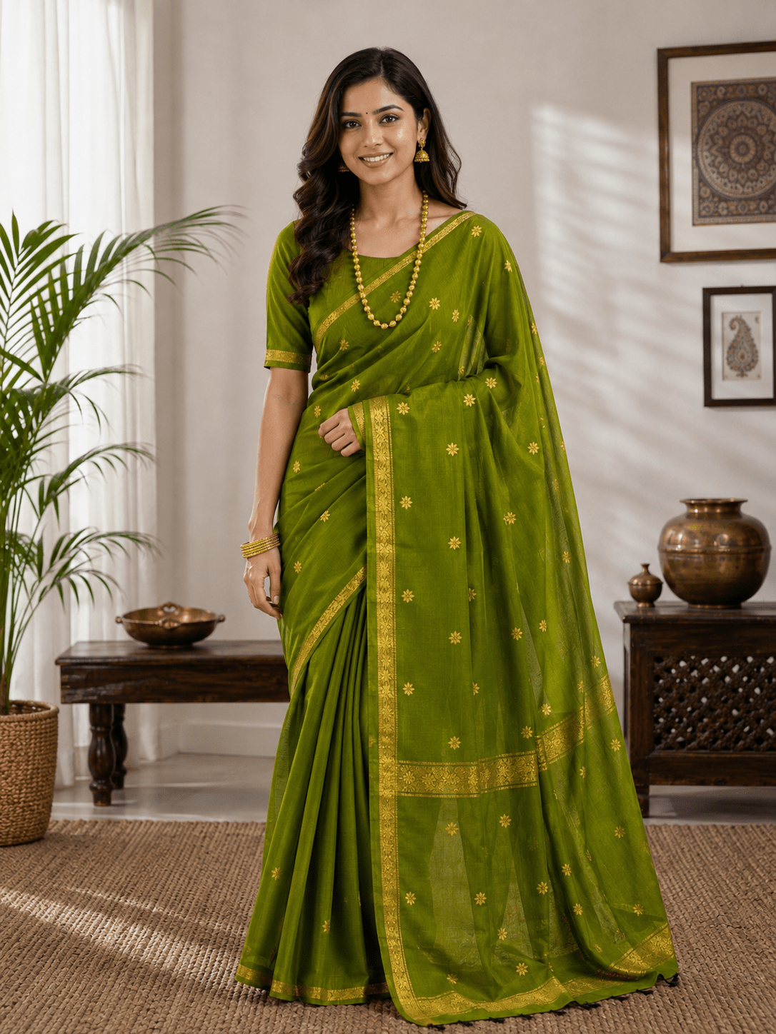 Maheshwari Cotton Saree pista green - Maatruu