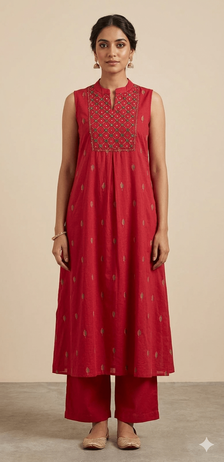 Maroon Jamdani cotton coord set with Katchi work and mirror embellishment - Maatruu