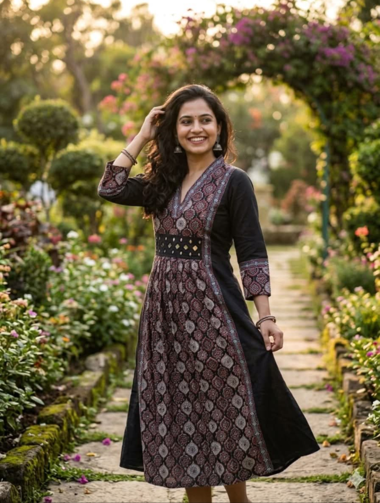 Mashru silk Ajrakh A line kurti with handblock print - Maatruu
